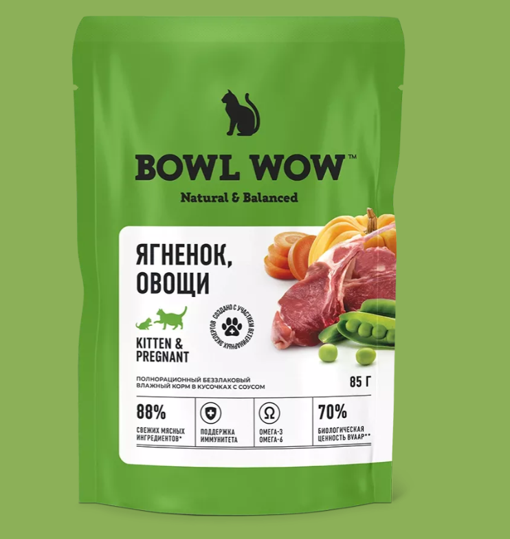 Bowl Wow 0,085кг ягненок и овощи в соусе для котят и беременных кошек (662761) (1*12)