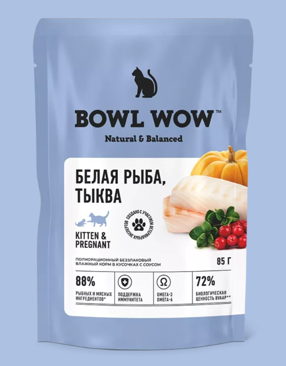 Bowl Wow 0,085кг белая рыба и тыква в соусе для котят и беременных кошек (662778) (1*12)