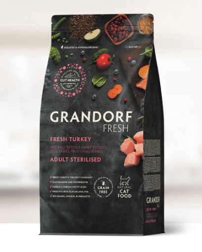 GRANDORF FRESH Свежее мясо Индейки с бататом для стерилизованных кошек, диетическая формула для особо аллергичных кошек 2 кг