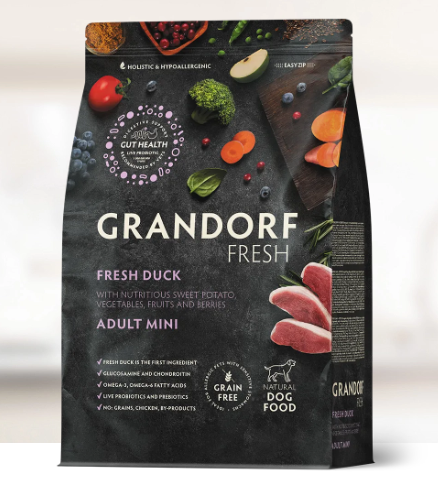 GRANDORF FRESH Свежее мясо Утки с бататом для взрослых собак мелких пород, диетическая формула для особо аллергичных собак 3 кг
