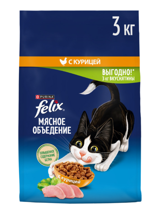 Сухой корм FELIX Мясное Объедение для взрослых кошек, с курицей, 3 кг